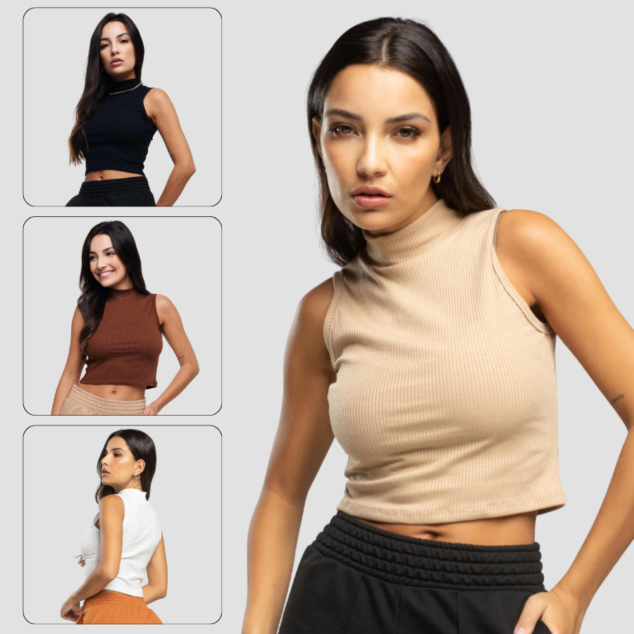 Kit 5 Blusinha Cropped Gola Alta Canelada Top Feminino Ribana Sem Manga Regata Elegante
