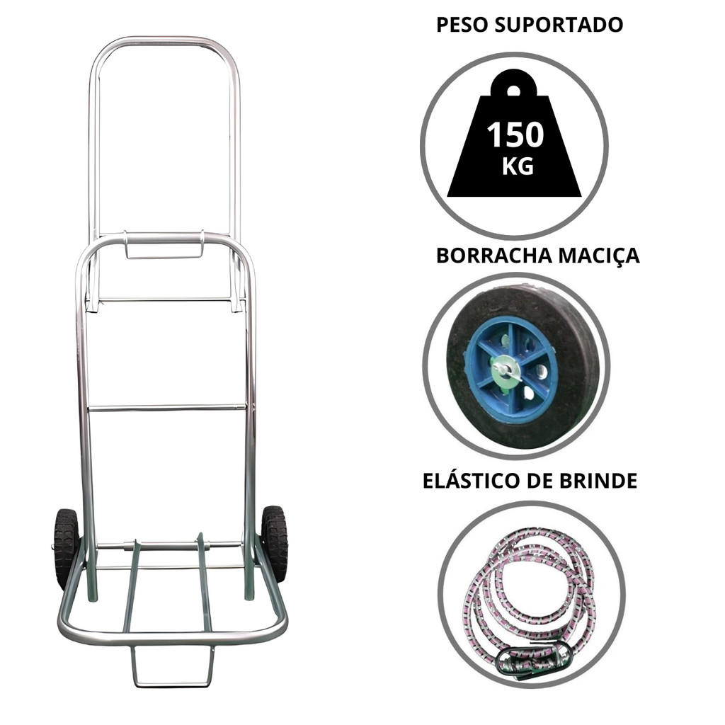Carrinho de carga Jumbão Aço Zincado Suporta 150Kg dobrável com Elástico de Brinde