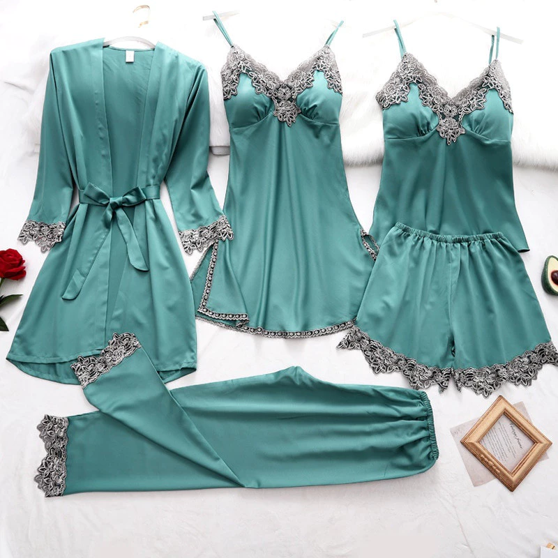Pijamas de Seda Cetim de 5 Peças, Roupa de Dormir com Renda e Alças Finas DG1U — imagem 1