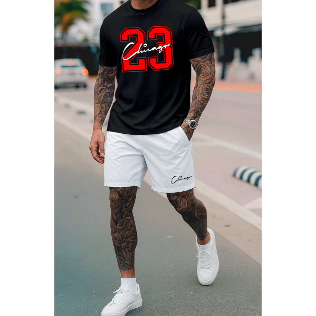 Kit Camiseta e Short Streetwear Conjunto Chicago 23 Camisa de Algodão 30.1