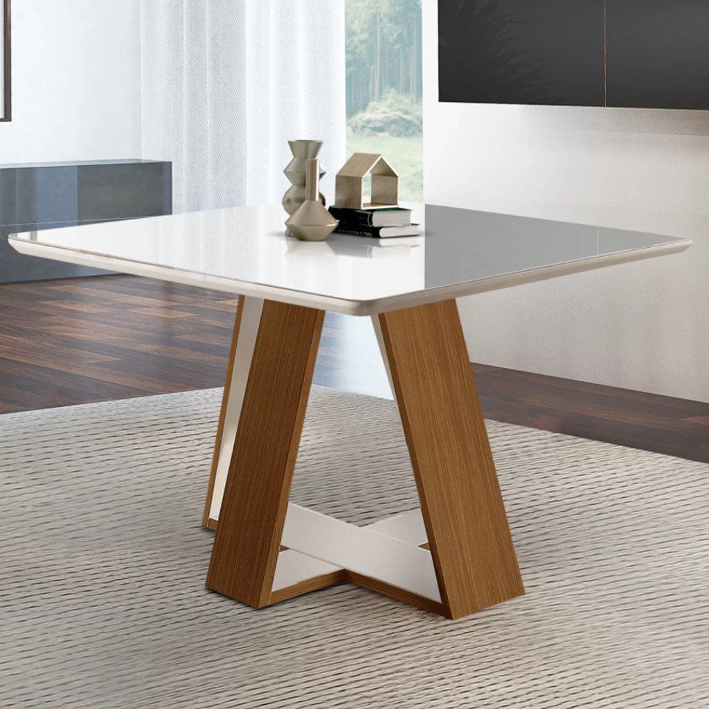 Mesa Quadrada 4 Lugares Tampo com Vidro/Laca Grécia Castanho Cinamomo/Off White