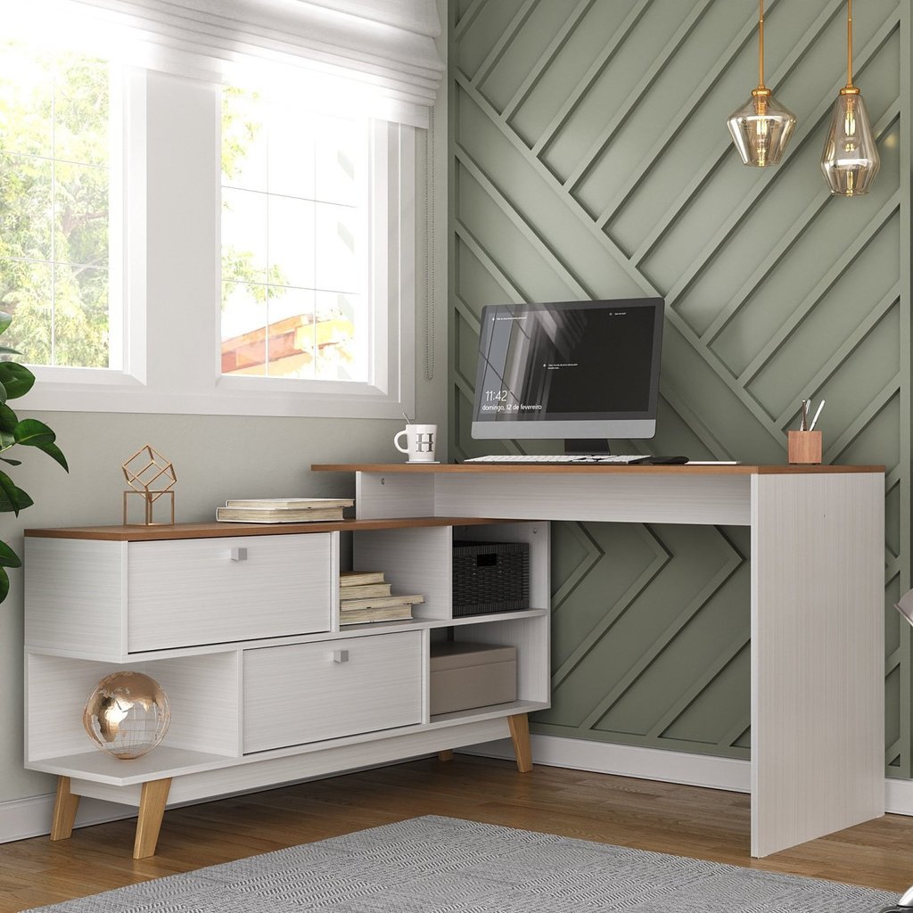 Escrivaninha Mesa Escritório Escrivaninha em L Retrô 136x120cm Branco/Nogal