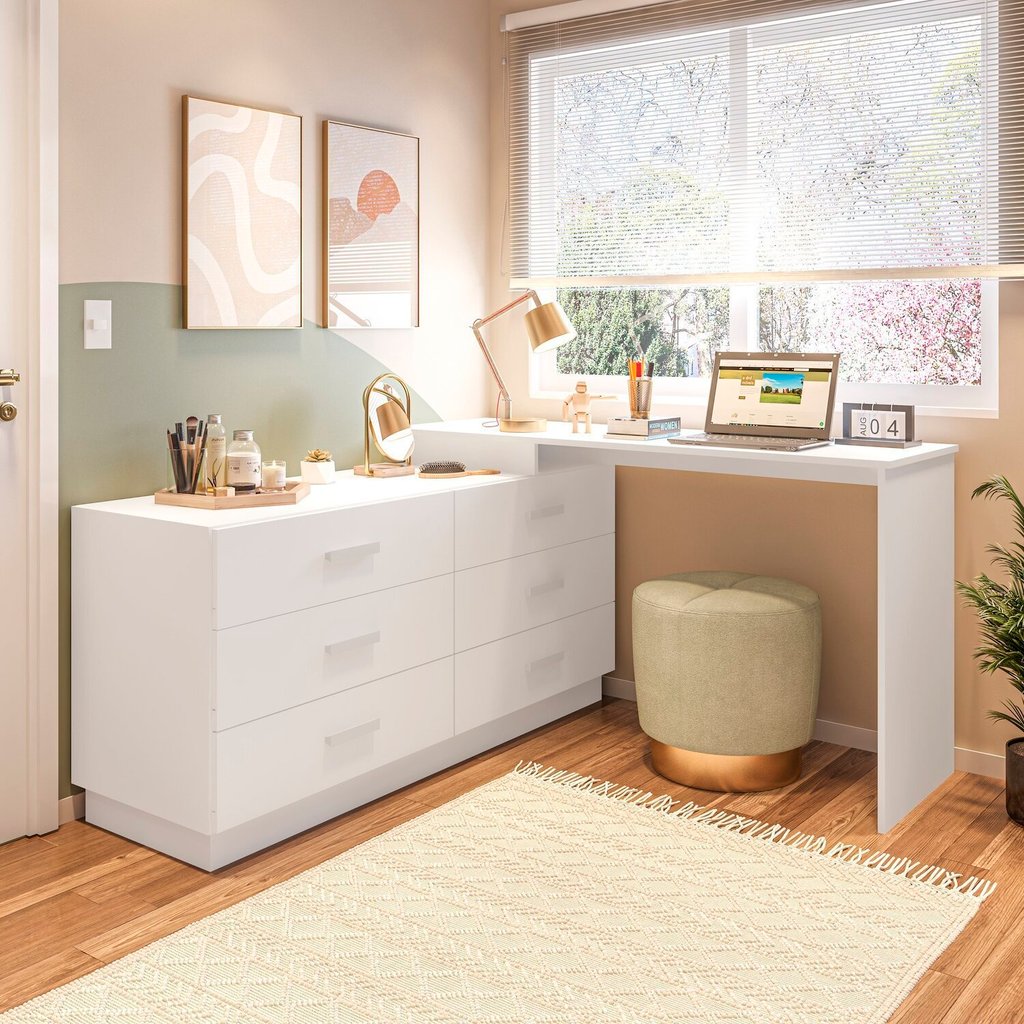 Cômoda com Escrivaninha em L com 6 Gavetas Leonie Yescasa Branco em Oferta na Shopee