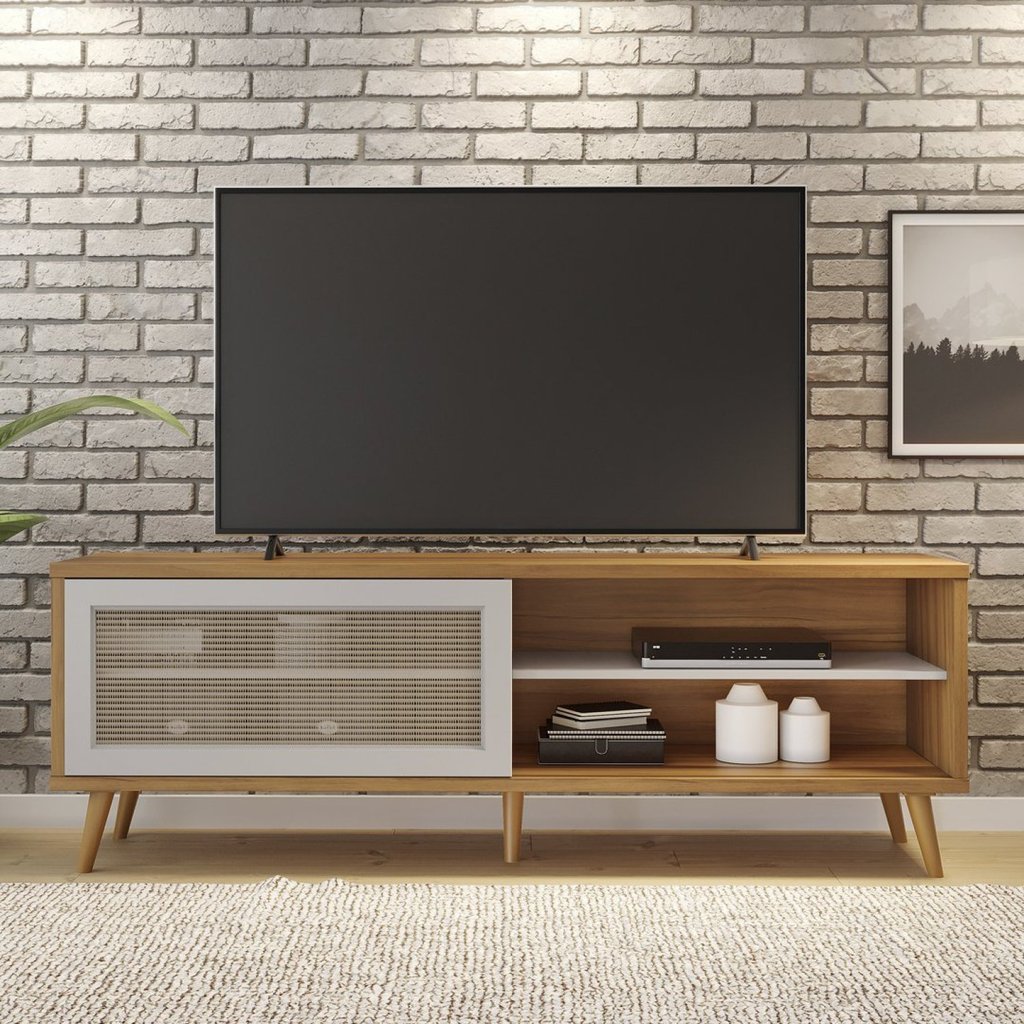 Rack para TV até 60 Polegadas 1 Porta Rattan Palhinha NT 1175 Freijó Trend/Off White em Oferta na Shopee