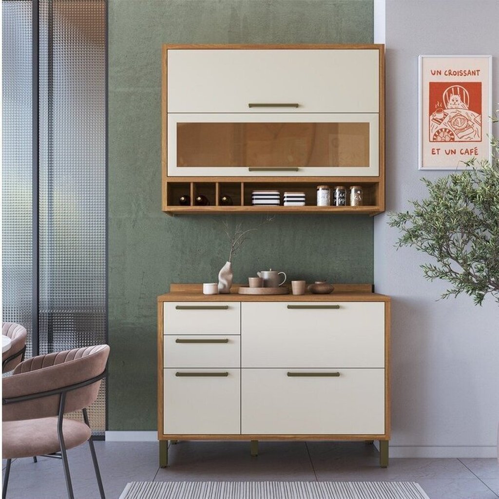 Cozinha Compacta 100% Mdf 2 Peças 4 Portas 3 Gavetas e Vidro 120cm Vicenza Espresso Móveis Amêndoa/Off White