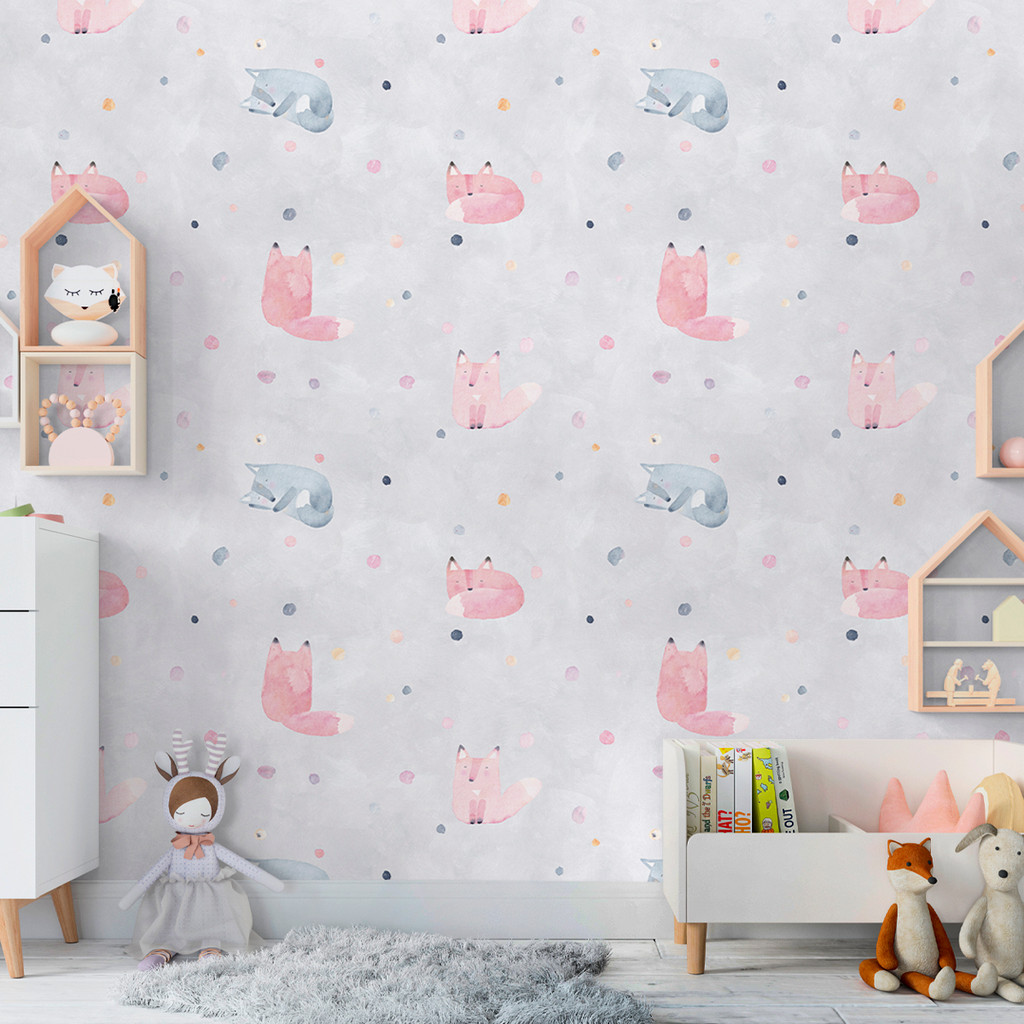 Papel de Parede Infantil Aquarela Raposa Rosa e Cinza | Quarto de Bebê Auto Adesivo Decorativo Moderno