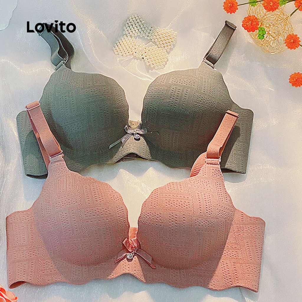 Detalhes do Lovito Sutiã Elegante Bralette Confortável Sem Fio Push-up Laço Rosa para Mulheres LNE117012