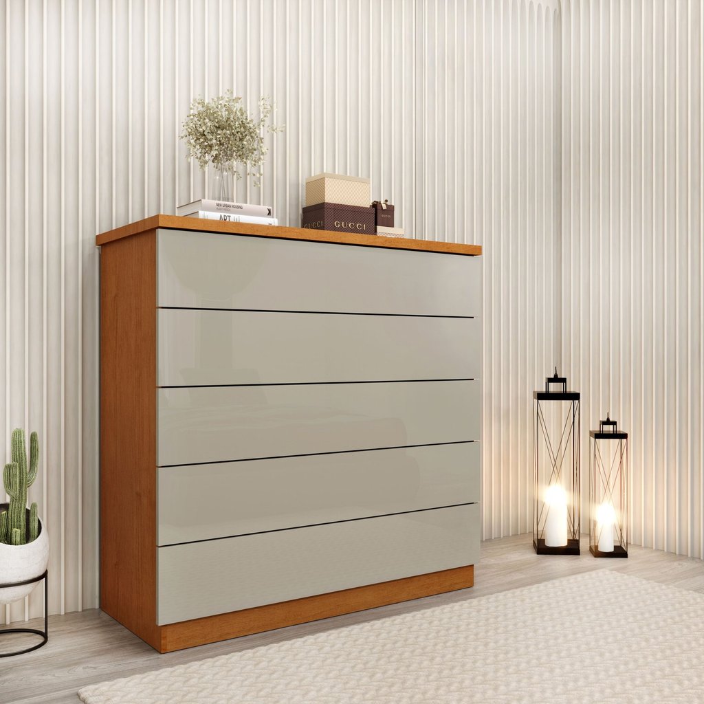 Cômoda 5 Gavetas 86cm Premium Cinamomo/Off White em Oferta na Shopee