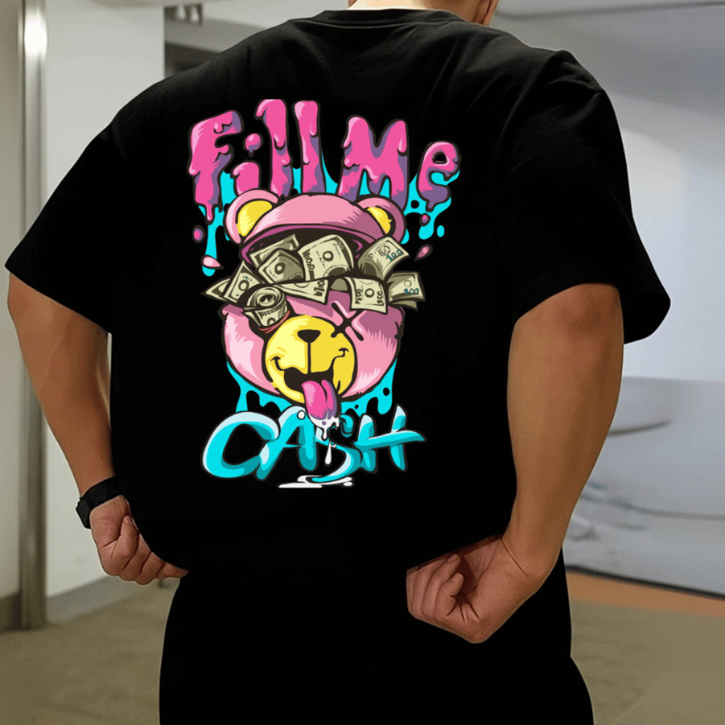Camiseta Masculina oversized estampada Aesthetic Urso Fill Me Cash Money Bear Estilo Urbano