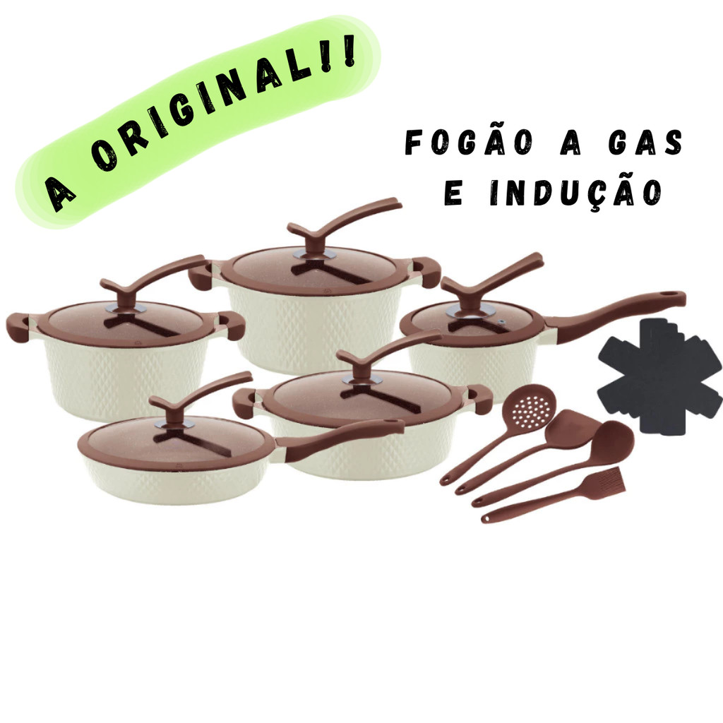 Jogo de Panelas Antiaderente Indução Gás Cerâmica Granito 16 Peças Frigideira Caçarola