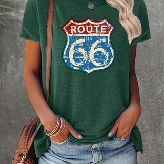 Camiseta 100% ALGODÃO Feminina Vintage Route 66 - Estampa Retrô Desgastada, Manga Curta CASUAL