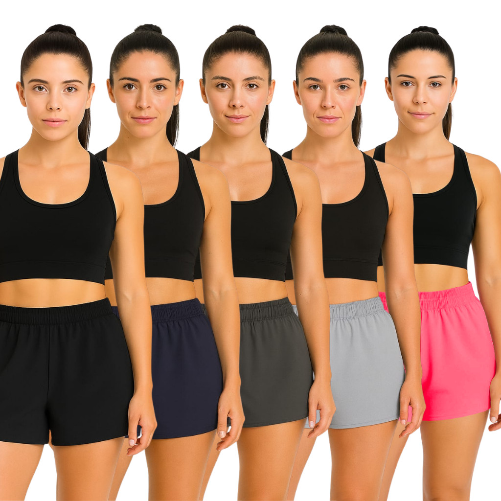 Kit 5 Shorts Corrida Unissex Tactel com elastano Básico e Confortável