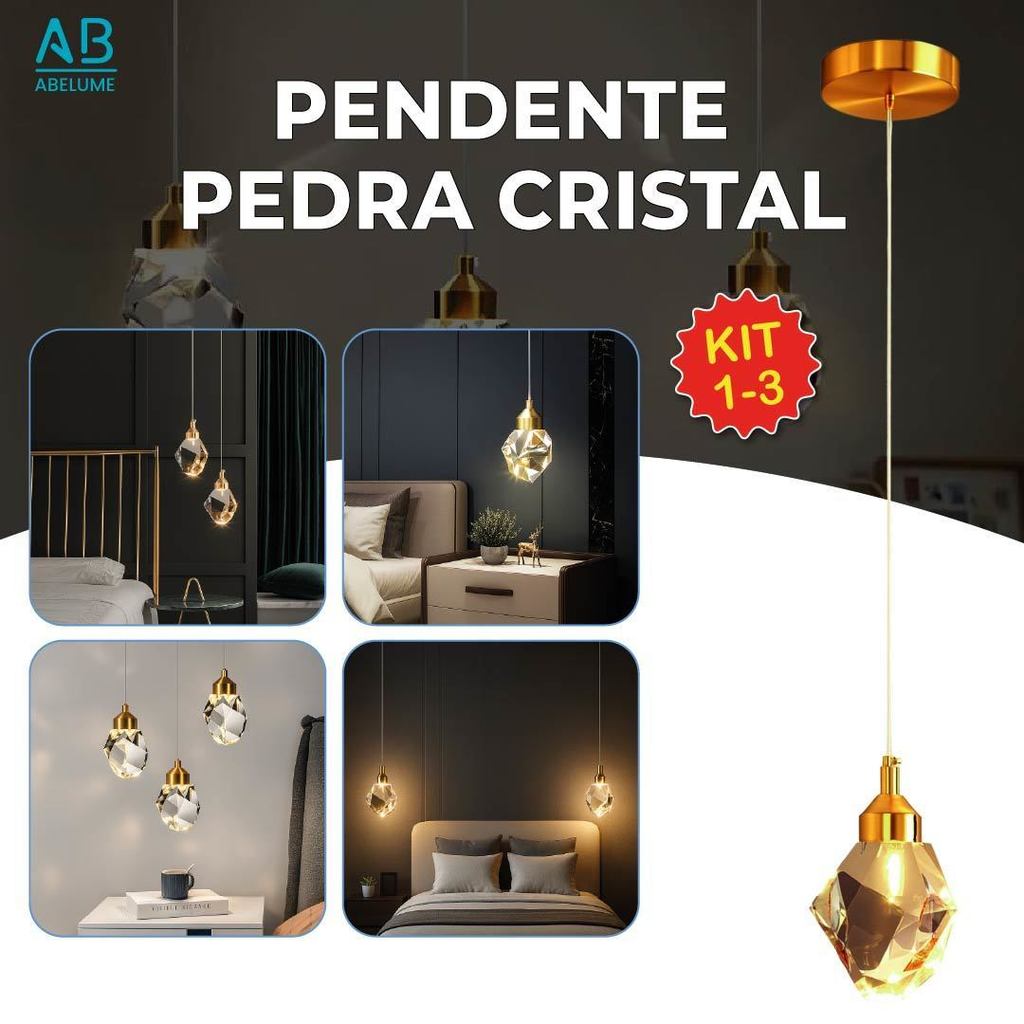 Luminária Pendente Pedra de Cristal Led de Luxo Moderno Dourado 3 Cores de Luz Bivolt