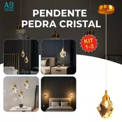 Luminária Pendente Pedra de Cristal Led de Luxo Moderno Dourado 3 Cores de Luz Bivolt