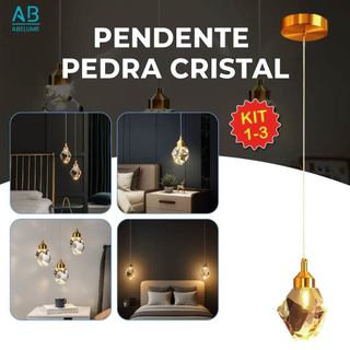 Luminária Pendente Pedra de Cristal Led de Luxo Moderno Dourado 3 Cores de Luz Bivolt