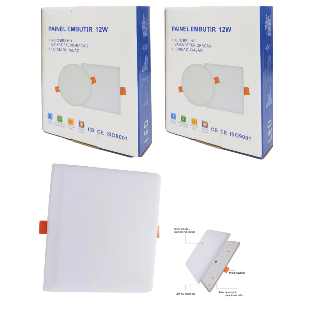 Kit 2 Painel Plafon Led Borda Infinita  12w Embutir  Quadrado Bivolt Branca Frio 6500k 10cm