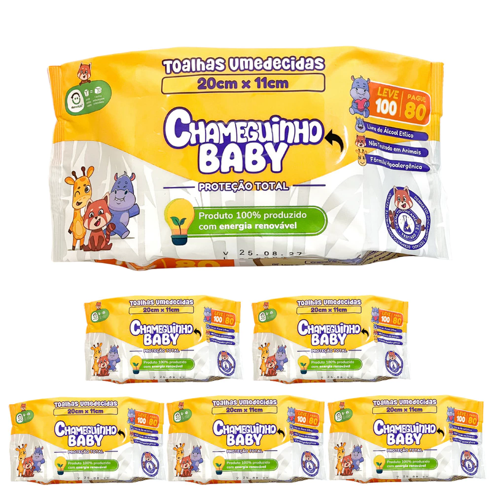 KIT 6 PACOTES CHAMEGUINHO BABY TOALHAS UMEDECIDAS LENÇO 100 FOLHAS CADA