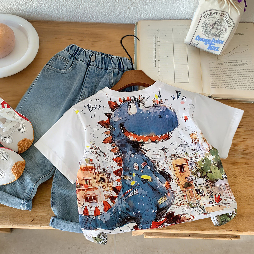 Meninos camiseta de manga curta verão 2026 novo estilo bebê dos desenhos animados dinossauro topo crianças estilo fino i