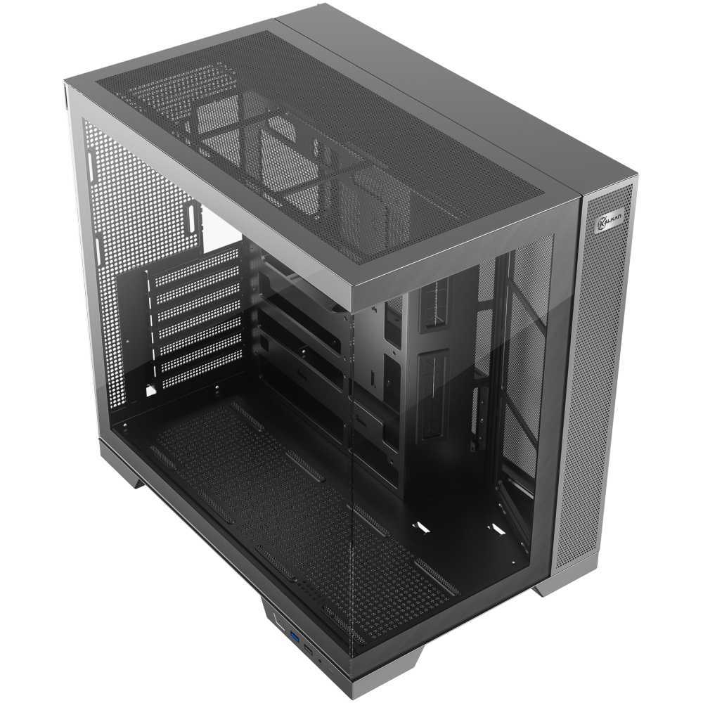 Gabinete Gamer Kalkan Asgard Evo ATX com design aquário, painéis de vidro e estrutura de câmara dupla na cor preta