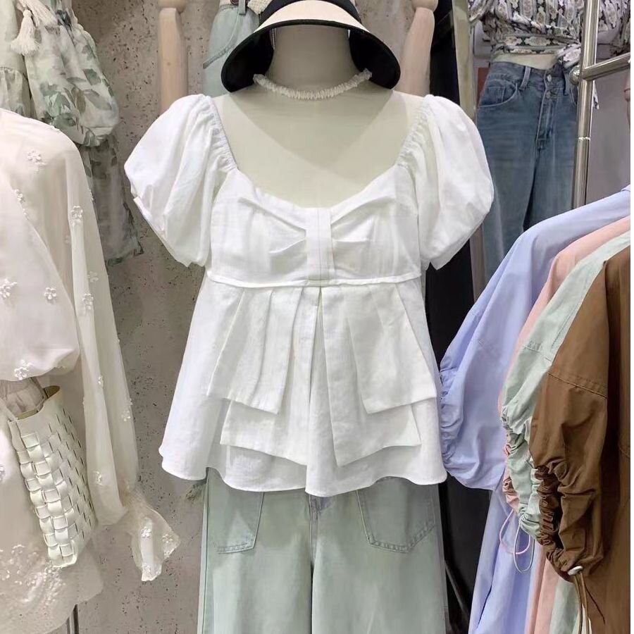 Nicho francês topo quadrado pescoço manga Puff camisa branca feminina verão curto barriga capa camisa do bebê camisa de 