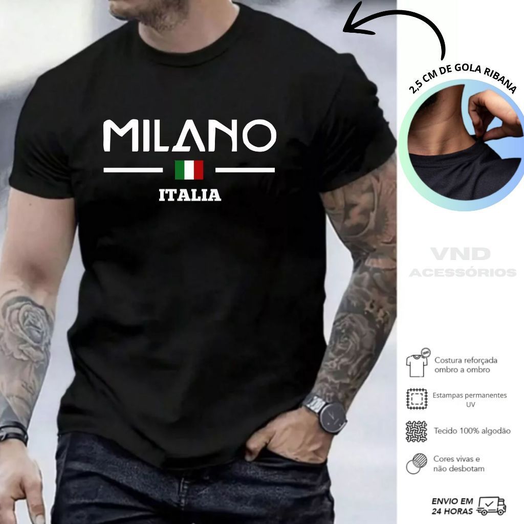 Camiseta Masculina Milano Italia Camisa Estampada 100% algodão Malha 30.1 Soft Premium T-Shirt