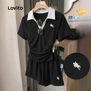 (New Arrival) Lovito Conjunto de Shorts Casuais Colorblock Shorts Pretos Conjunto para Mulheres SHB198P1D390
