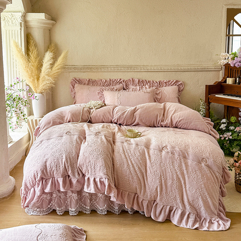 Inverno leite velo cama conjunto de quatro peças estilo princesa Coral velo colcha capa acolchoada engrossado cama saia 