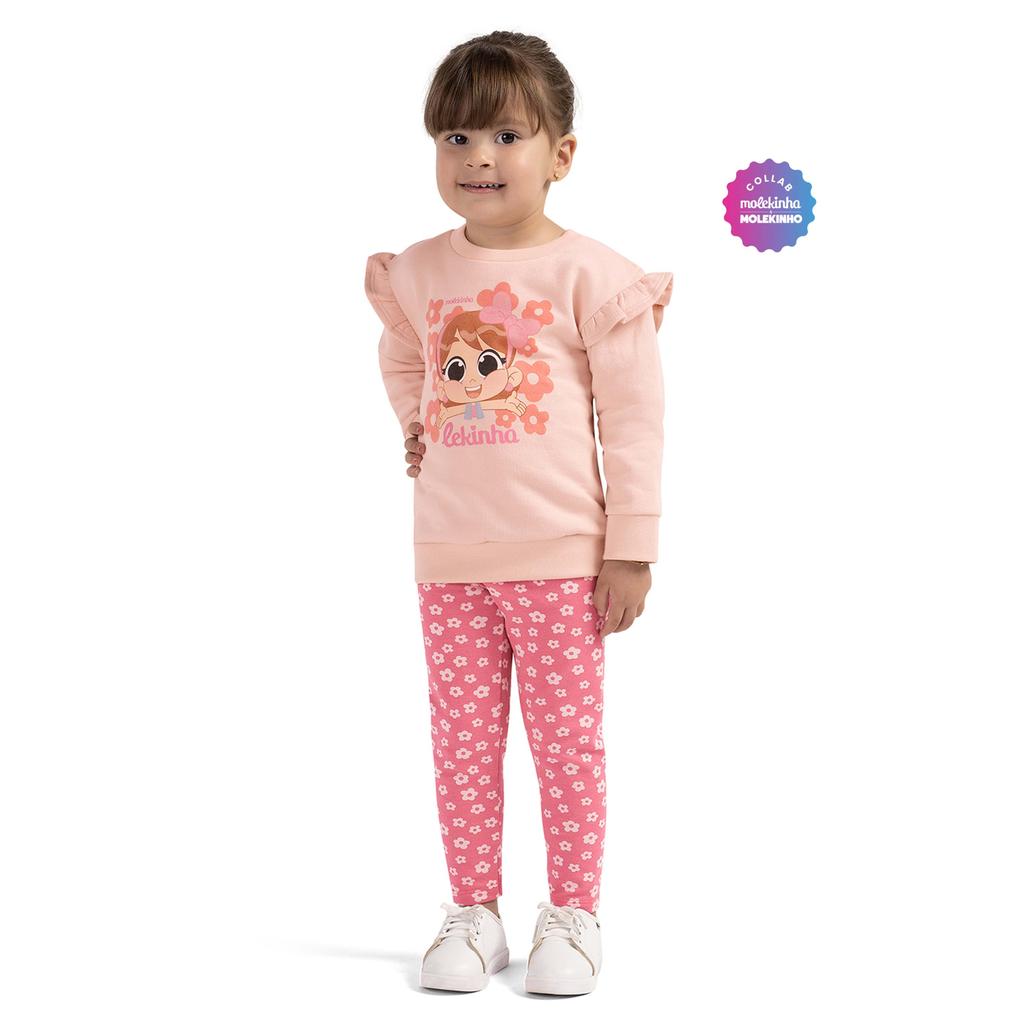 Conjunto Longo Bebê Menina Floral Com Babado Elian Rosa