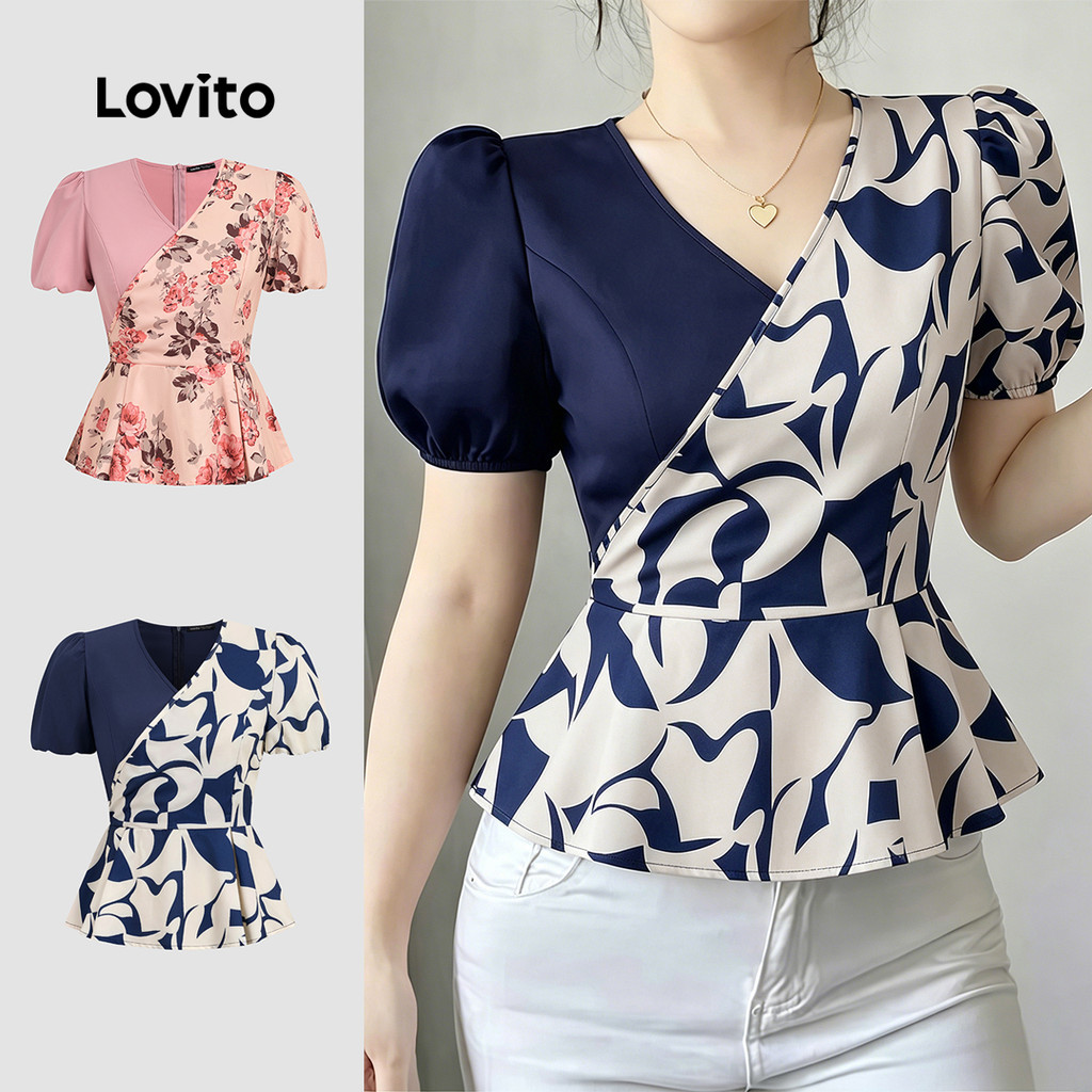 Lovito Blusa Elegante de Tecido Costurado com Estampa Geométrica Azulmarinho Pri