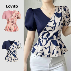 Lovito Peplum Blusa Elegante de Tecido Costurado com Estampa Geométrica Azulmarinho Primavera/verão para Mulheres LK6ED277