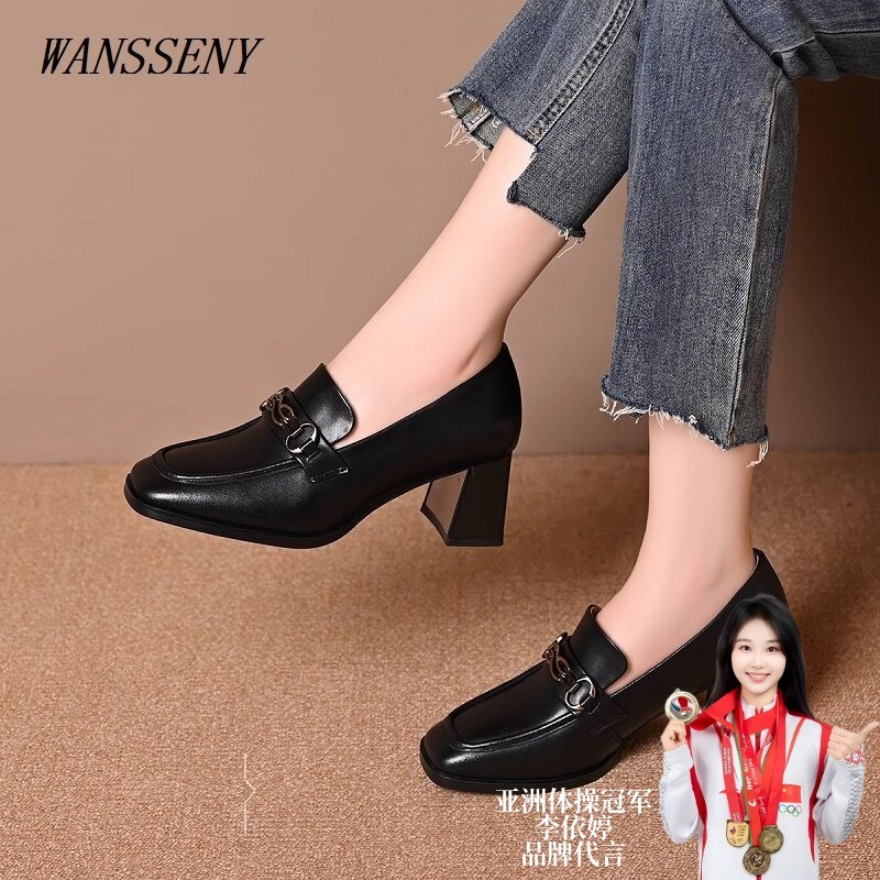 WANSSENY sapatos de salto grosso feminino 2025 novo estilo sapatos femininos deslizamento em sapatos de couro feminino d