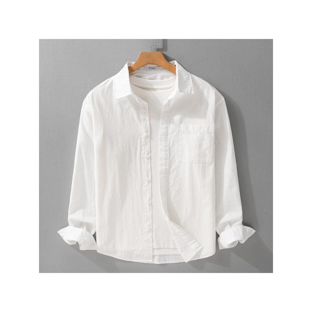 Primavera outono simples masculino Casual camisa de manga comprida solta cor sólida lapela camisa branca camisa de algod