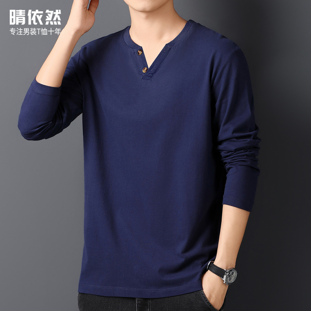 Novo estilo primavera verão masculino com decote em V abotoado manga comprida camiseta de algodão puro masculino topo so
