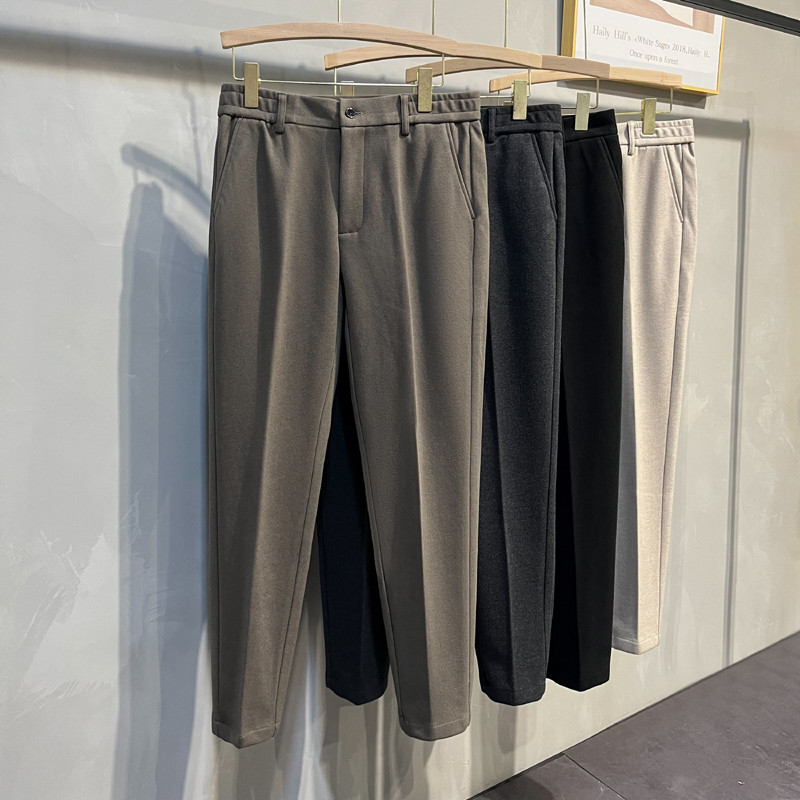 Calças masculinas casuais de lã pequenas retas cintura elástica outono inverno calças masculinas engrossadas na moda All