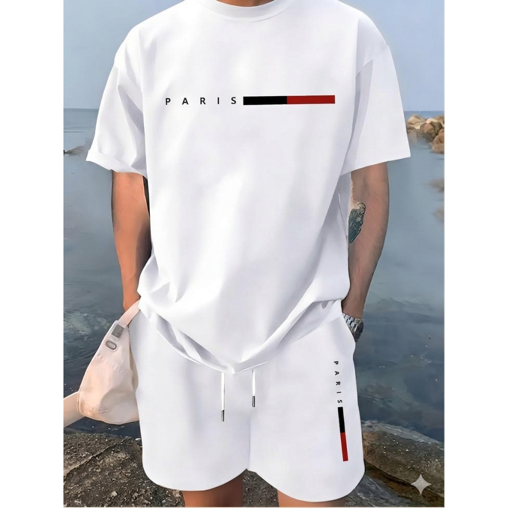 Kit Camiseta E Short Masculino Faixa Estiloso Conjunto Camisa 100% Algodão Bermuda Tectel Stretwear Moda Masculina