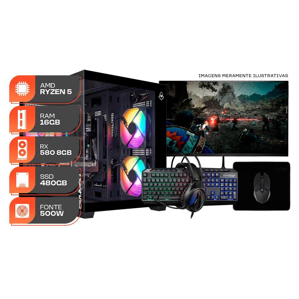 PC Gamer Forge, AMD Ryzen 5 5500, RX 580 8GB, 16GB DDR4, SSD 480GB, Completo com