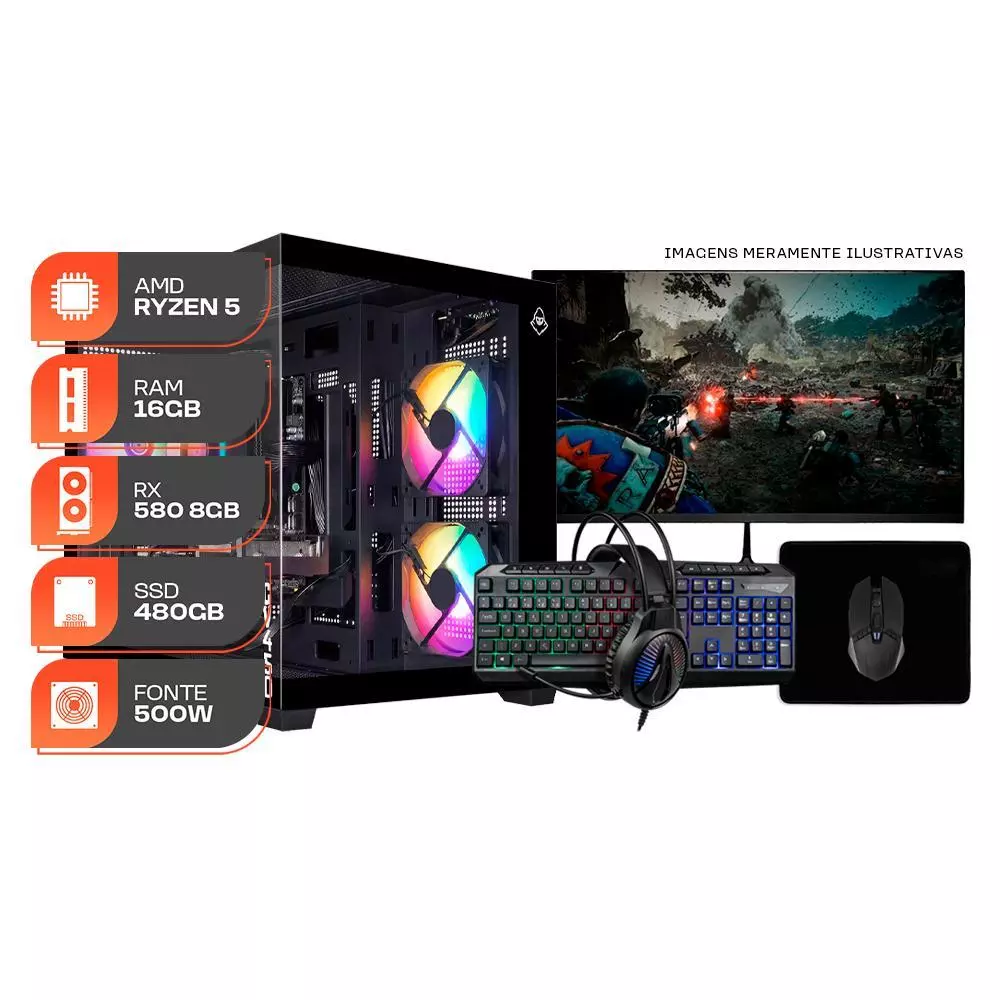 PC Gamer Forge, AMD Ryzen 5 5500, RX 580 8GB, 16GB DDR4, SSD 480GB, Completo com Monitor Curvo 180Hz e Periféricos