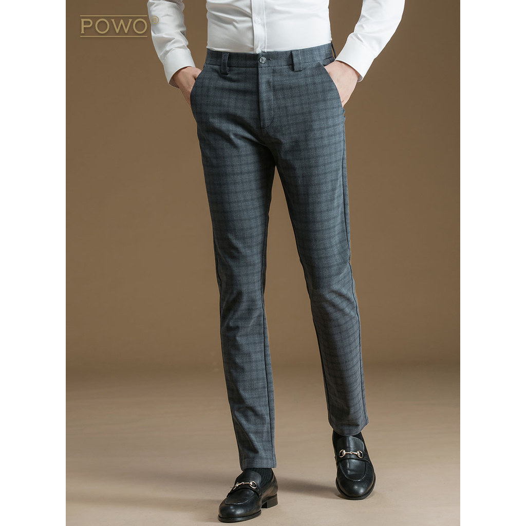 Calças masculinas Slim-fit cinza verificado negócios Formal terno calças não-ferro pés pequenos Casual primavera outono 