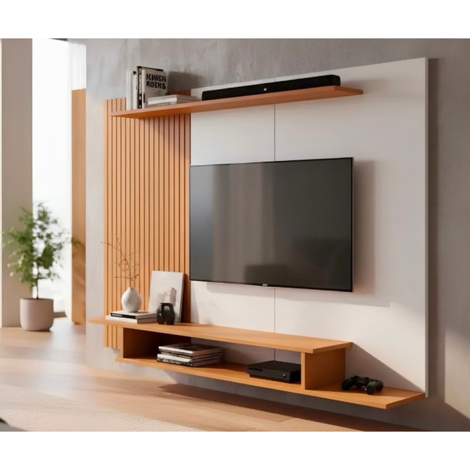 LANÇAMENTO! Painel para TVs de 43 até 60 Polegadas Ripado 3D Suspenso, Rack Home Theater Moderno com Nichos e Prateleira
