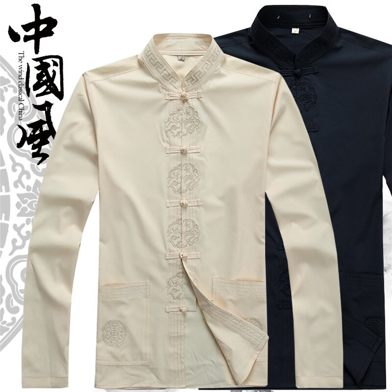 Primavera roupas masculinas de manga comprida pai roupas Tang terno topos de meia-idade idosos vovô roupas de verão Hanf