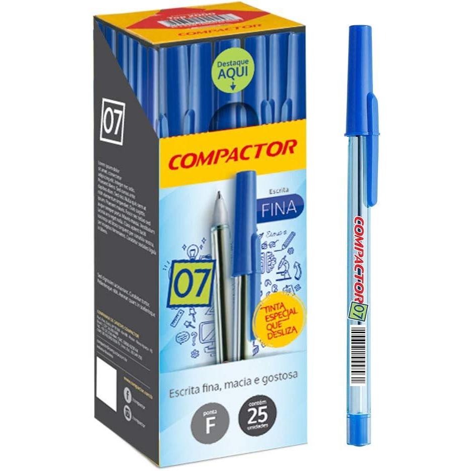 Caneta Esferográfica, Compactor Azul, 0.7 mm, Pacote de 25