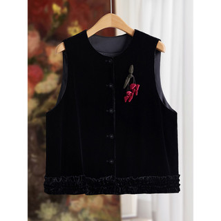 Novo estilo chinês bainha fungo borda Real veludo colete feminino 2025 outono novo estilo pingente decoração sem mangas 