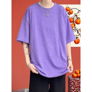 Verão de manga curta masculina solta na moda plissado em relevo meia manga camiseta masculina seda gelo legal roupas cas