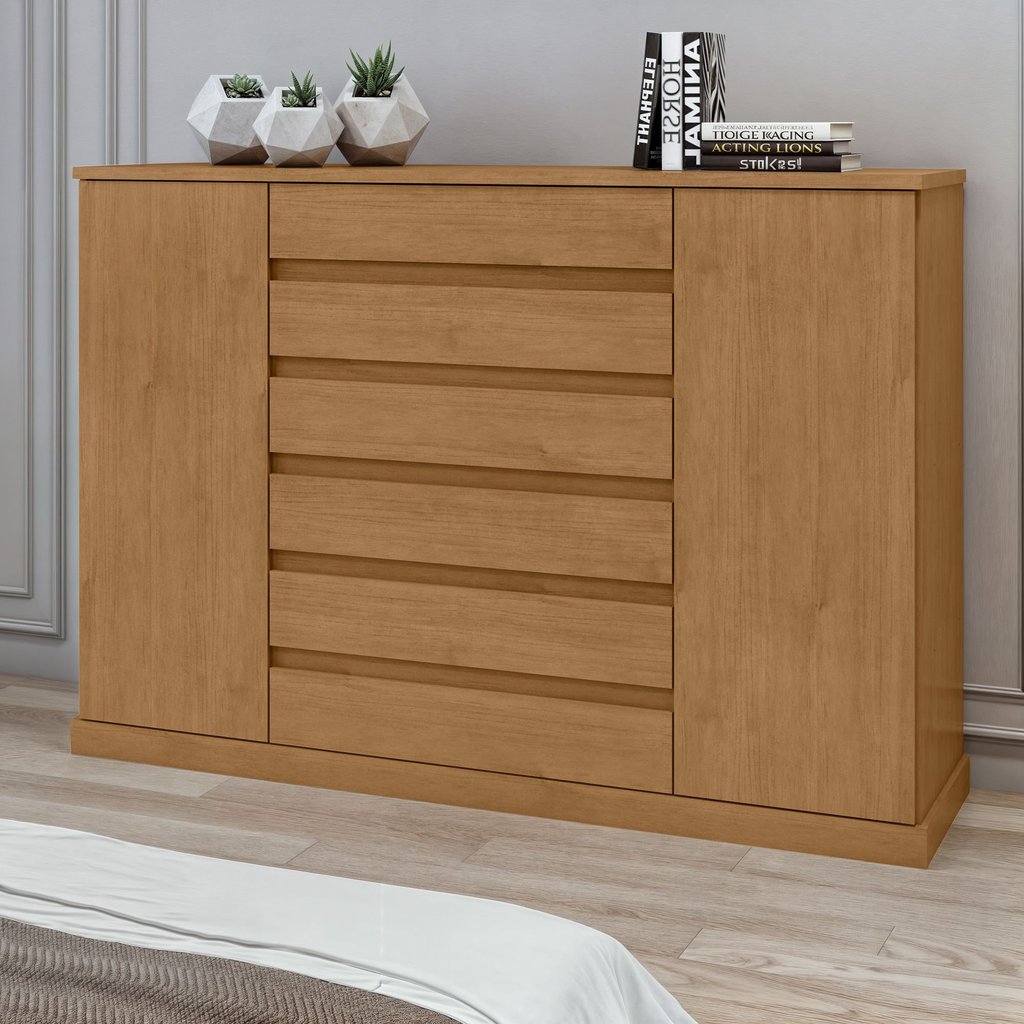 Cômoda para Quarto 2 Portas 7 Gavetas com Chave Vedra 172cm Marrom Amêndoa Clean Amêndoa Clean