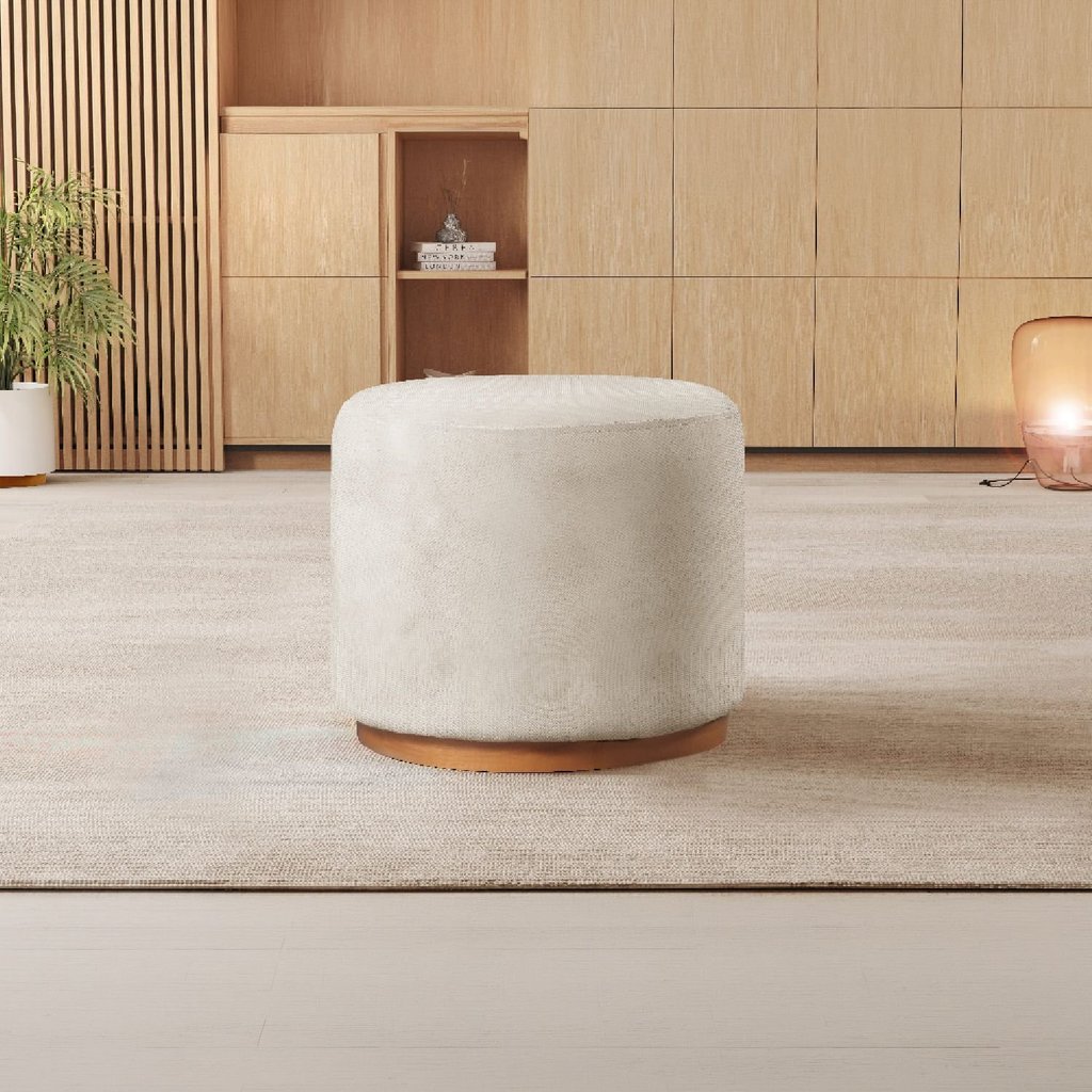 Puff Redondo para Sala Base de Madeira Linho Bege Nude Nude