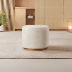 Puff Redondo para Sala Base de Madeira Linho Bege Nude Nude
