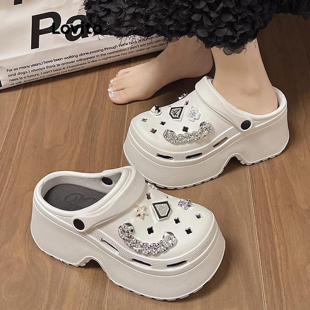 Lovito Sandálias Rasteiras Casuais Femininas Com Detalhes Em Strass Estrelas E Flores Estilo Coreano LFA69012