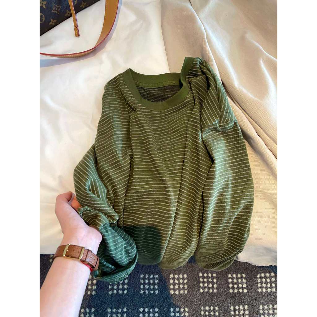 Verde listrado manga comprida camiseta feminina primavera novo estilo coreano Retro preguiçoso estilo solto All-Match co