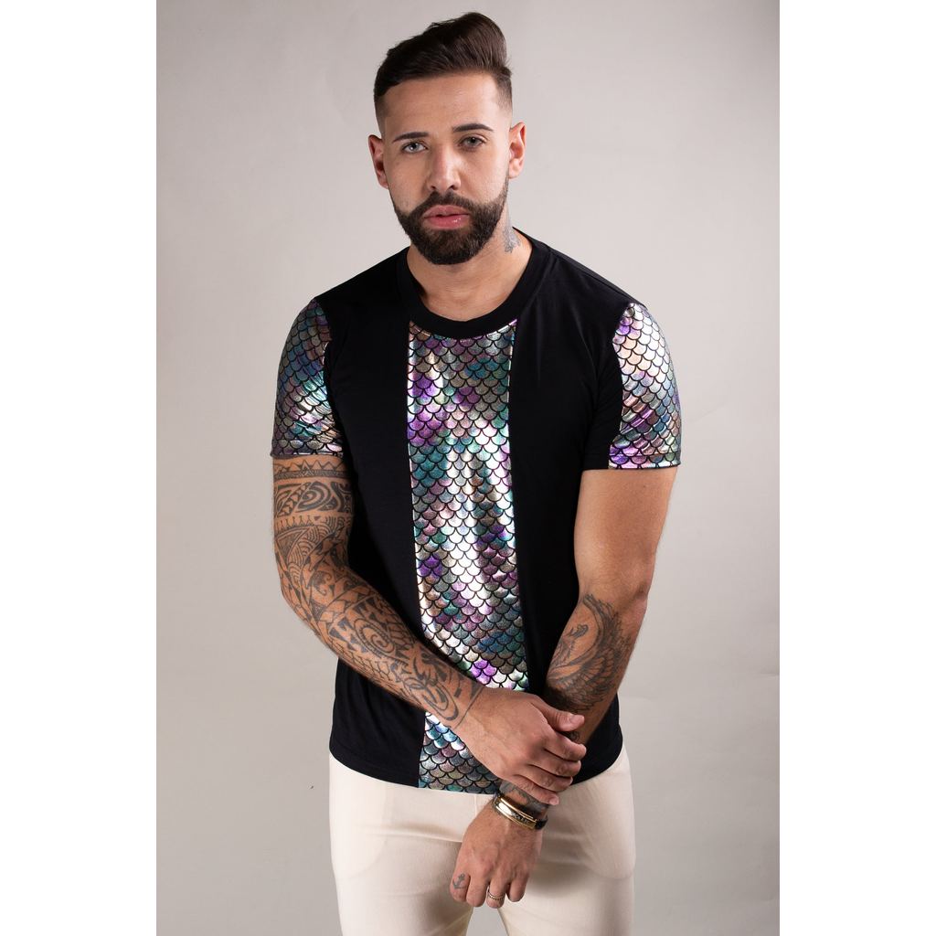 Camiseta Masculina Viscolycra Detalhe Frente e Mangas Cauda Sereia Moda Casual