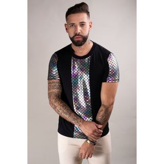 Camiseta Masculina Viscolycra Detalhe Frente e Mangas Cauda Sereia Moda Casual